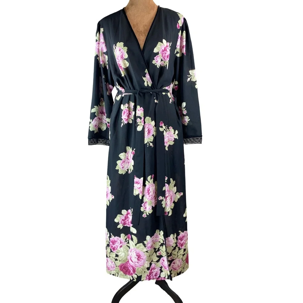 Vintage Oscar de la Renta Pink Label Floral Wrap Robe Rose Chiffon Lace Maxi M